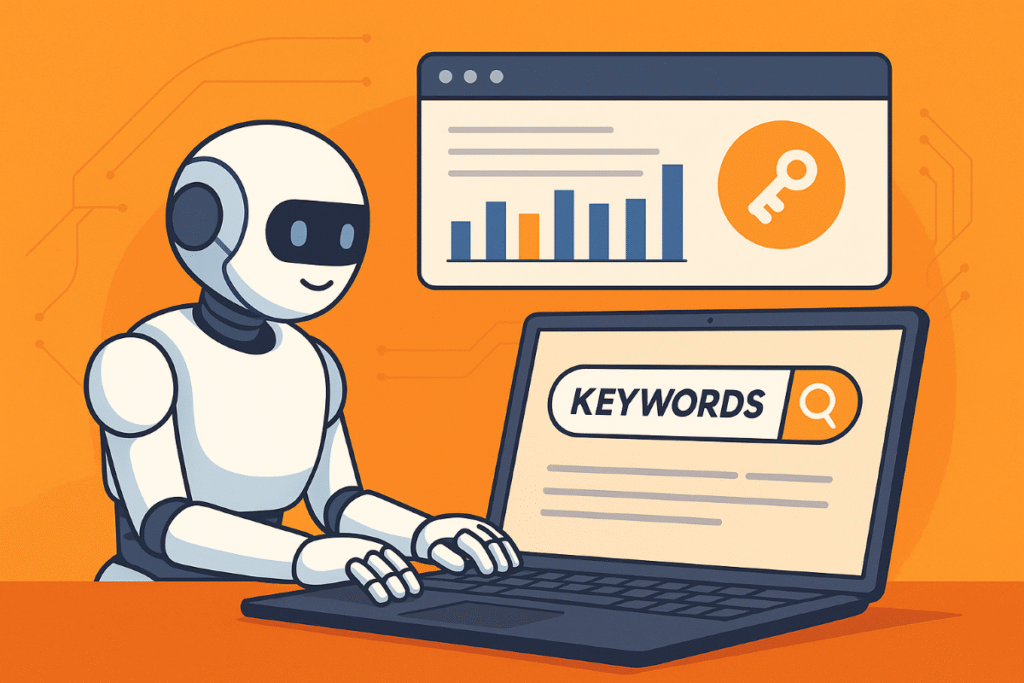 Digital illustration representing AI-driven keyword research with clustered topics and SEO data visualization.