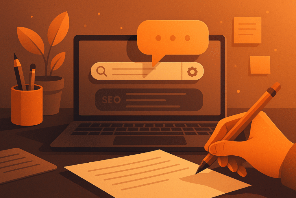 Illustration of AI writing assistant generating SEO content using structured prompt inputs and keyword data.