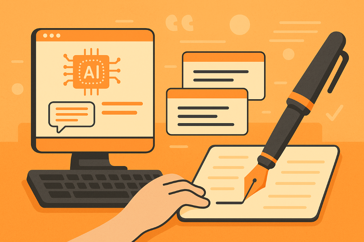 Illustration of AI writing assistant generating SEO content using structured prompt inputs and keyword data.
