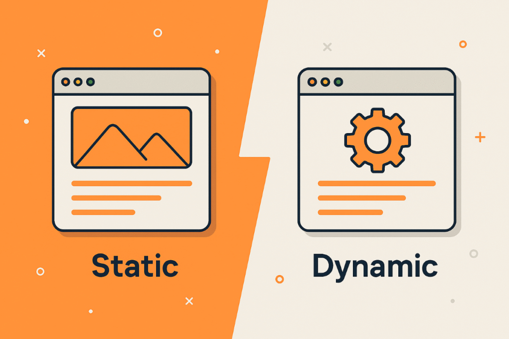 Visual comparison between static and dynamic websites showing architecture, performance, and use cases.