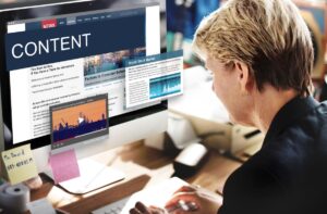 Illustration of an AI-powered content writer optimizing SEO blog posts.